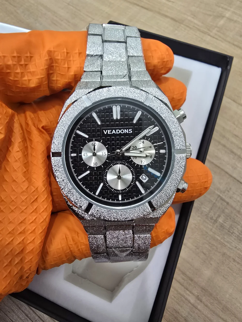 Men's Silver Chronograph Bracelet Watch - Black Dial